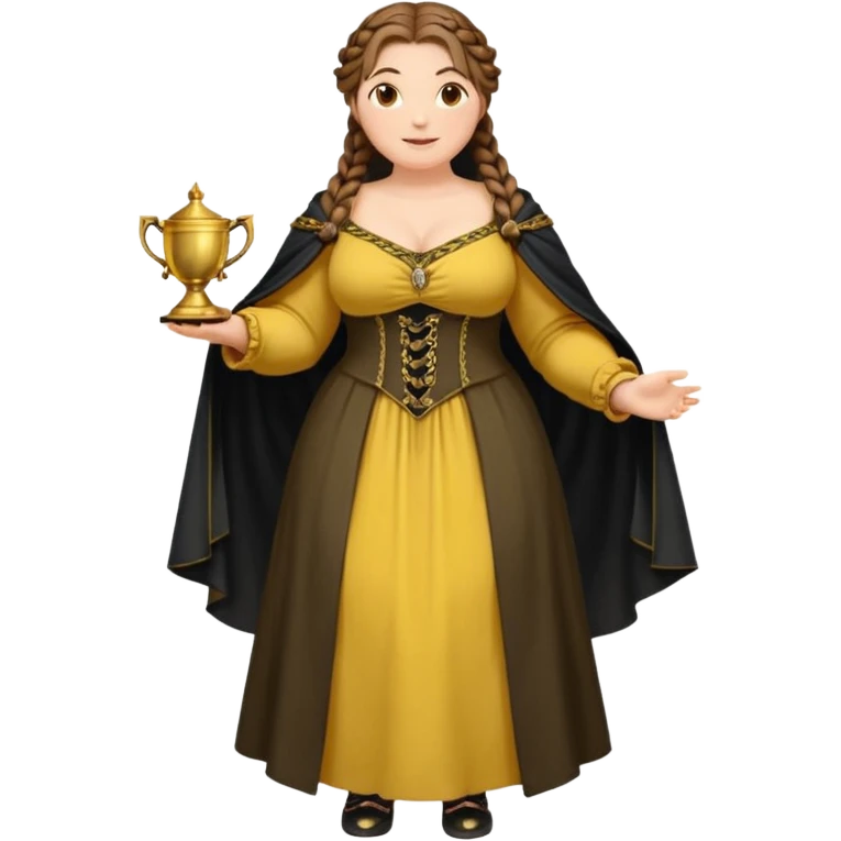 Helga Hufflepuff,brown-haired,2 braids,yellow-black medieval open dress,deep neckline,fat macromastia,black cloak decorated with gold braiding,gold cup with two handles,very kind smile,curvy busty sweet woman,round rosy cheeks,full length with medieval shoes emoji