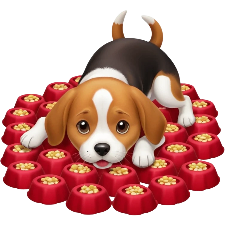 beagle eats red food scattered on the floor emoji