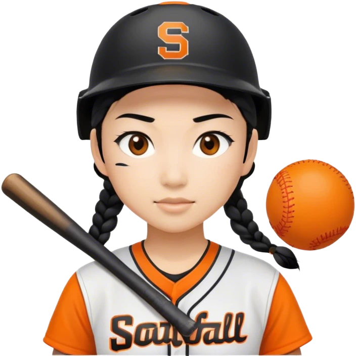 Softball player braids black hair Asian with orange letters kit helmet emoji