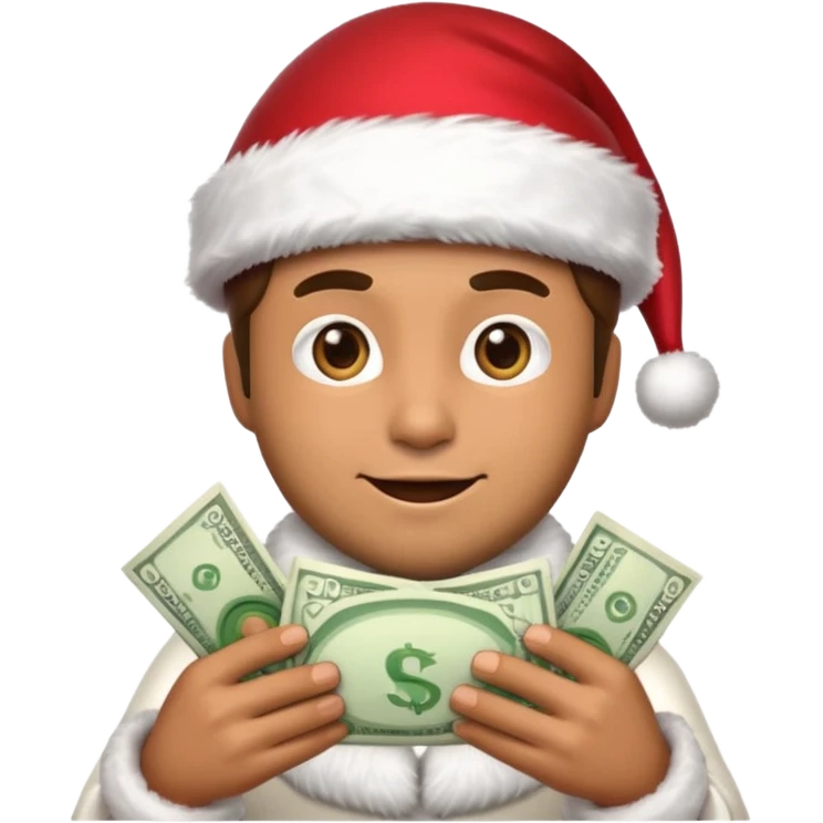 A confident rich emoji face wearing a Santa hat, money stacks, casino vibe, New Year theme, premium 3D emoji style, sharp details, no text, isolated on transparent background emoji