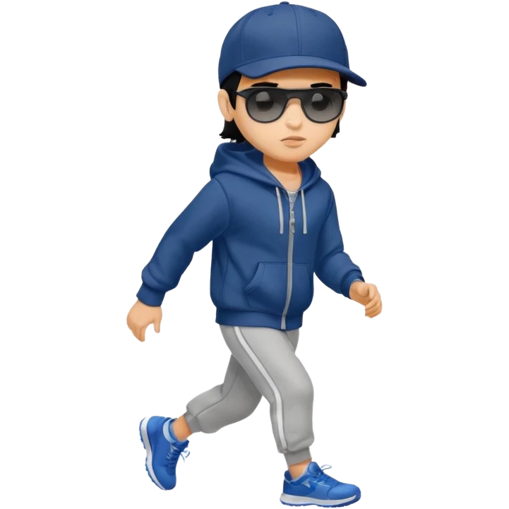 generate a fair pretty bratz boy wearing a dark blue baseball cap with black sunglasses and a grey hoodie jogging

hair black  emoji