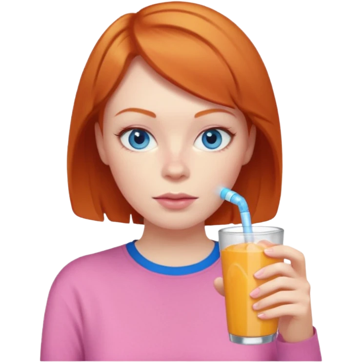 ginger woman short hair, pink shirt, sipping energy drink blue eyes cosy  emoji
