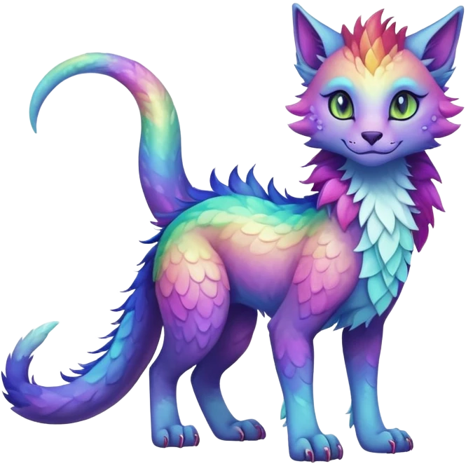Kawaii dark rainbow iridescent fantasy ethereal feline-vernid-sergal-fursona animal creature with a tufted tail full body with intricate markings emoji