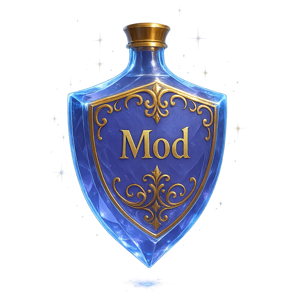 premium class crystal elixir bottle in shield shape, color #7986cb, with inscription 'Mod', lots of glow, edges, ornaments, golden details, magical effects, very small golden neck, transparent background, beautiful seamless bottom, bottle clearly floating in air, no base or shadow, very luxurious, modern, fits collection emoji