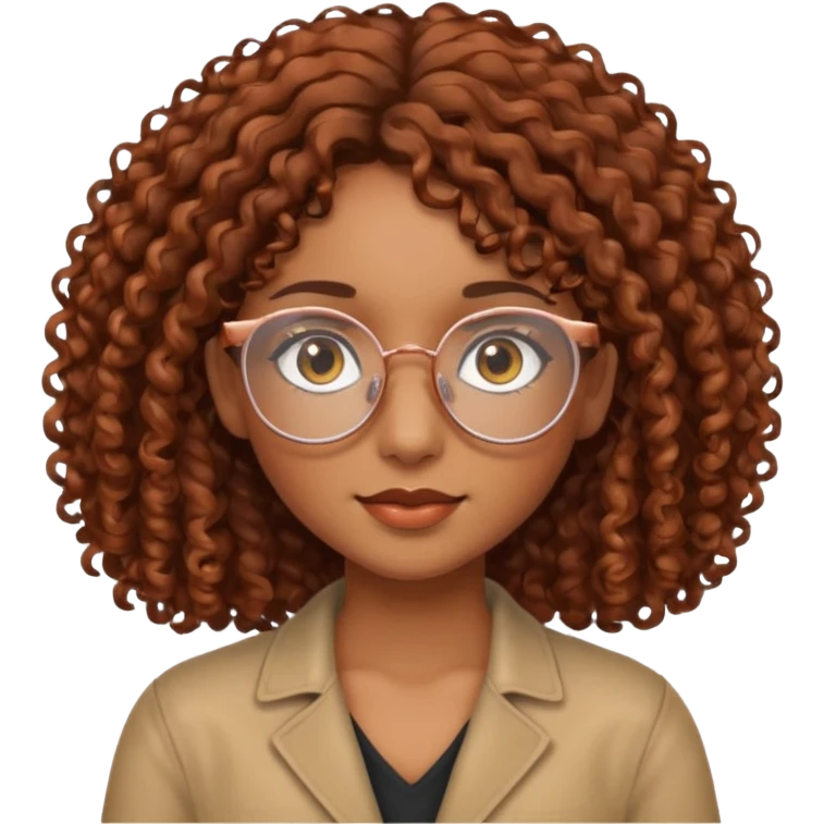 Brown-skinned girl with brown eyes and shoulder-length curly hair with copper glasses emoji