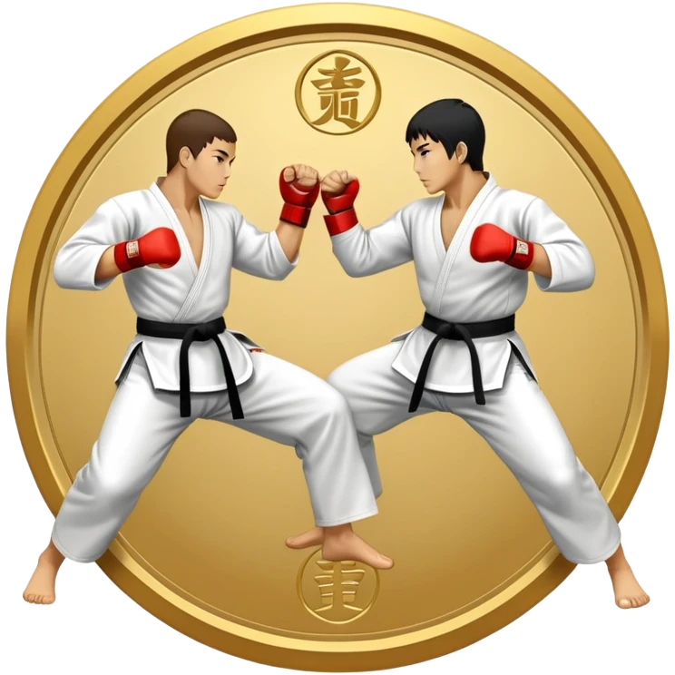 Round emblem symbolizing striking martial arts. The emblem features two fighters in dynamic stances, one delivering a powerful punch while the other defends with a block. In the center, a stylized fist and foot crossed to represent the essence of striking.  emoji