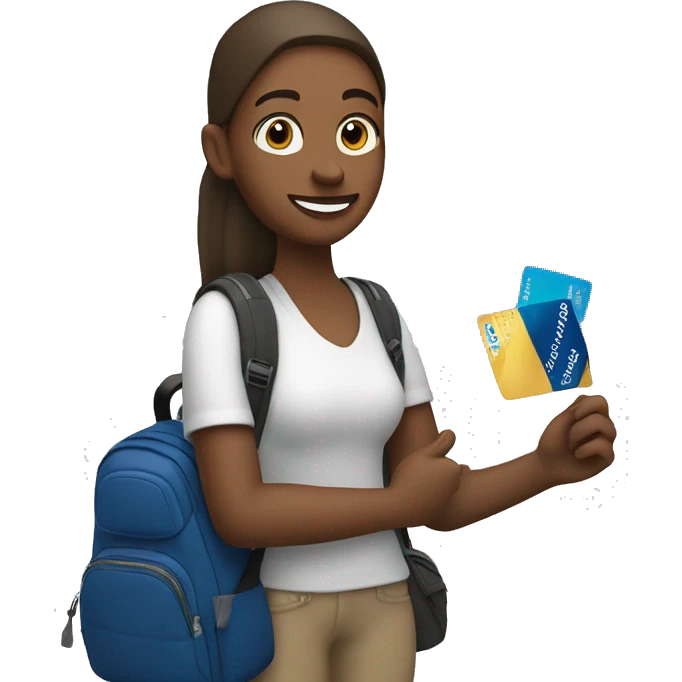 White skin tone student holding visa bank card, other hand holding backpack emoji