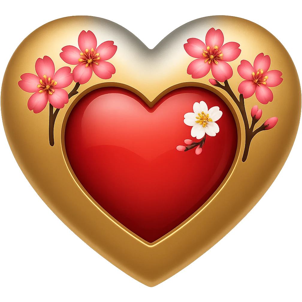 Add a shimmer effect to the gold and silver highlights on the heart with a sakura blossom overlay in the style of apple emojis, no background. emoji