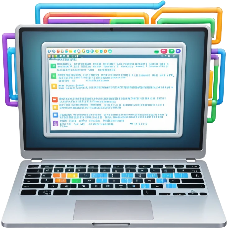 An icon featuring a laptop screen with colorful lines of code, brackets, and a blinking cursor, symbolizing programming. The design includes flowcharts, gear icons, and binary code, representing software development and logical problem-solving. Transparent background highlights the world of coding. emoji