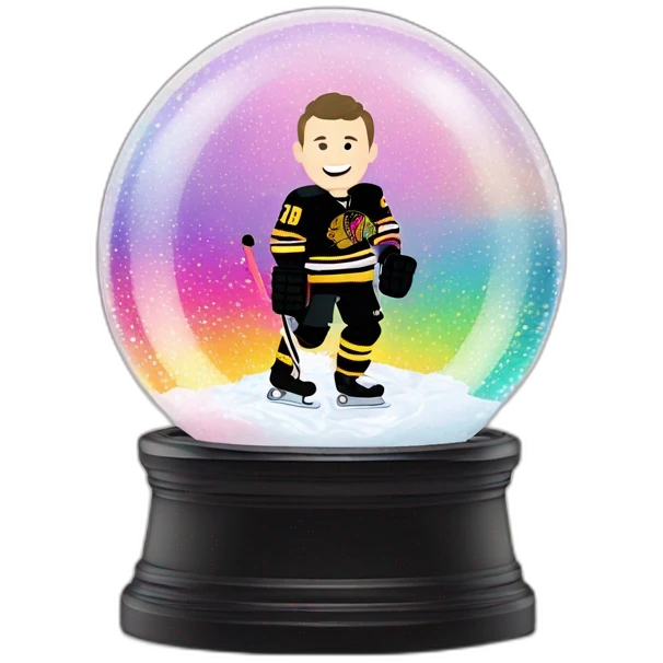 Jonathan Toews inside a rainbow sequin neon disco snow globe with pastel roses emoji