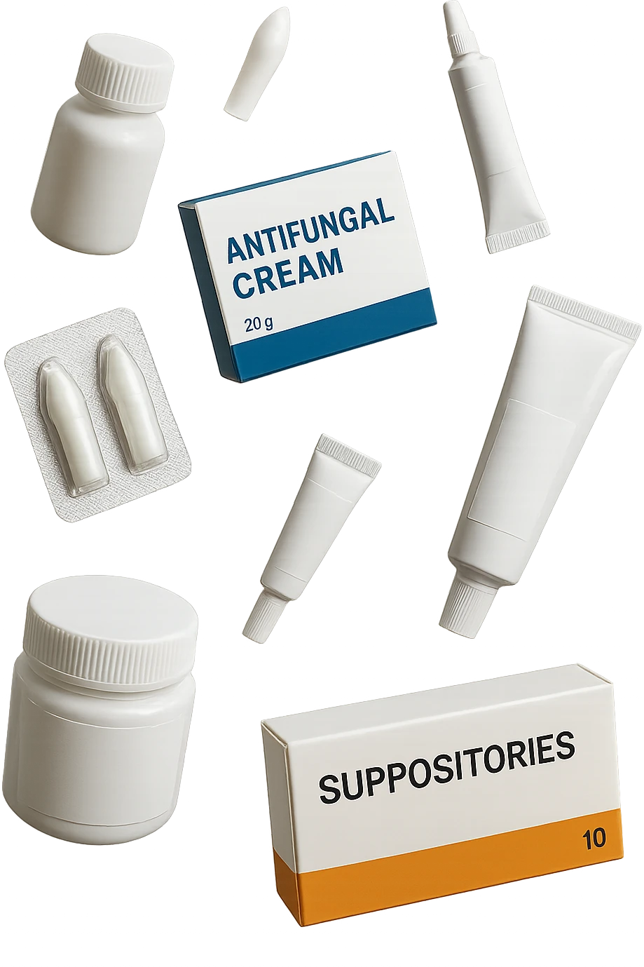 boccette di farmaci fluttuano in aria: creme, ovuli o antimicotici, IPERREALISTICO 4K emoji