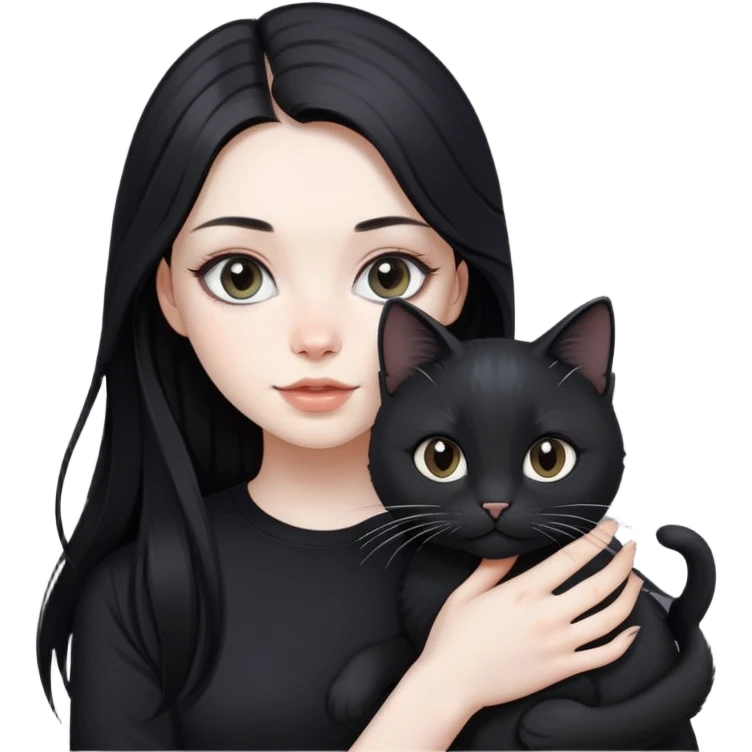 beautiful girl with long black hair wearing a black shirt holding a silver-colored cat emoji