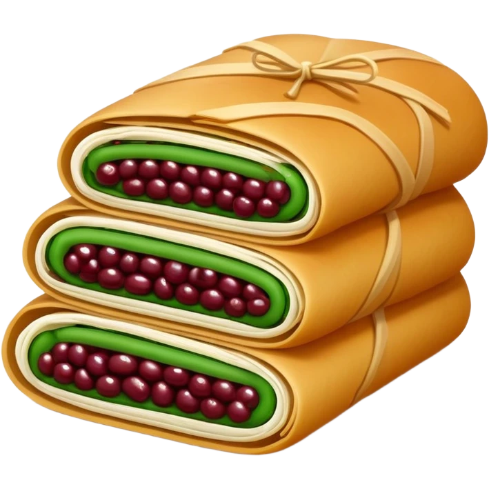 Chengdu Lvdagun green bean roll with red bean paste, simplified emoji style with bold outlines and bright colors, cartoon style Sichuan sweet snack emoji