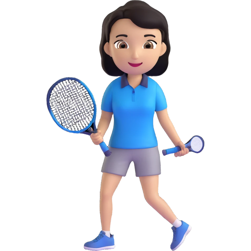 light brown skinned tennis coach, short straight black hair with widow's peak, oval face, small eyes, smiling, holding blue Yonex racket, wearing navy blue dry fit shirt emoji