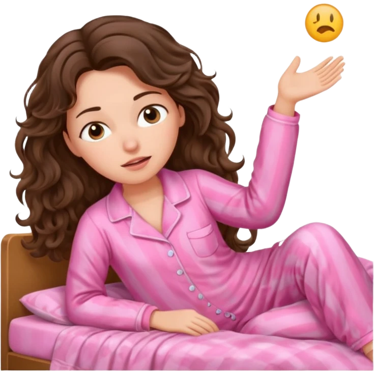 aestethic brunette wavy hair, waking up with a pink pajama emoji