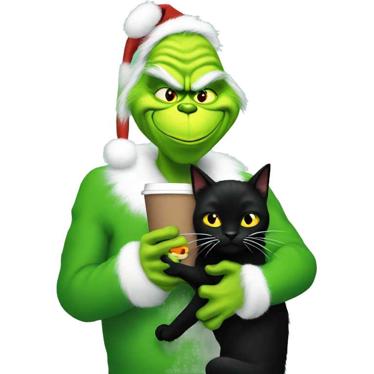 The Grinch holds a black cat in his arms and drinks coffee emoji