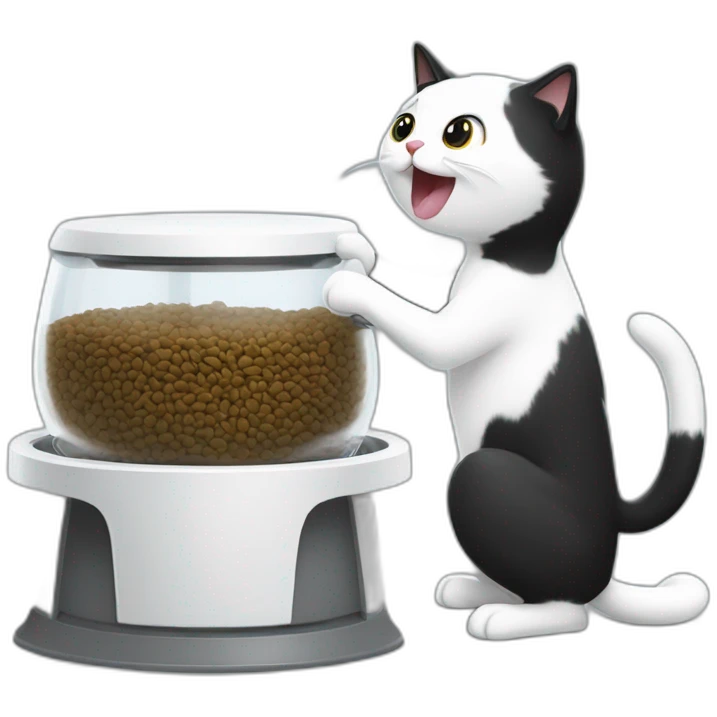 A black and white cat fighting with a pet feeder white machine emoji