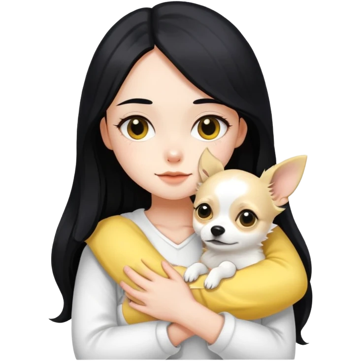 Fair skin girl - long black hair - white clothes - hugging a black, yellow and white Chihuahua emoji