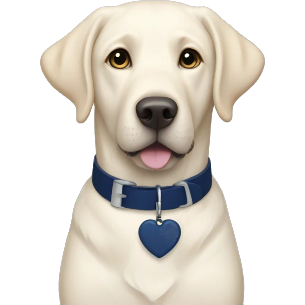 White Labrador wearing a navy blue collar with a navy blue heart tag emoji