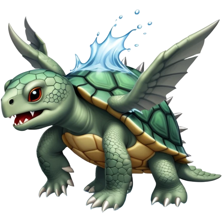 A fierce turtle with sharp spikes on its shell, dragon wings, sharp fangs, fierce claws, shooting a powerful water jet and steam from its mouth emoji