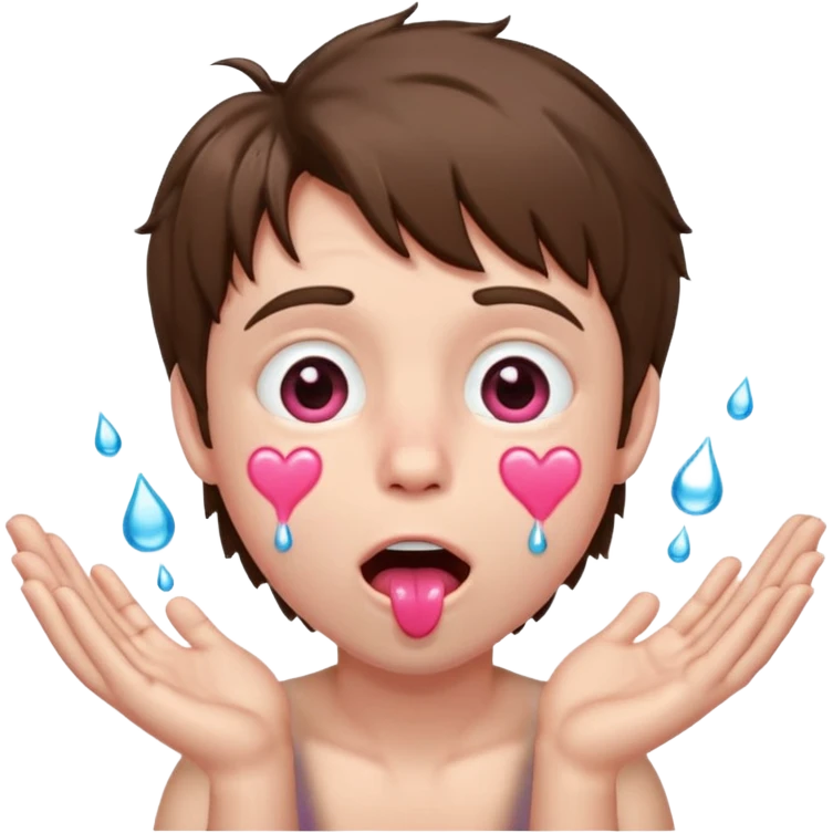 Pale Boy with shaggy brown hair, pink heart shaped eyes looking up , mouth open , water drop dripping from lips, hands on face  emoji