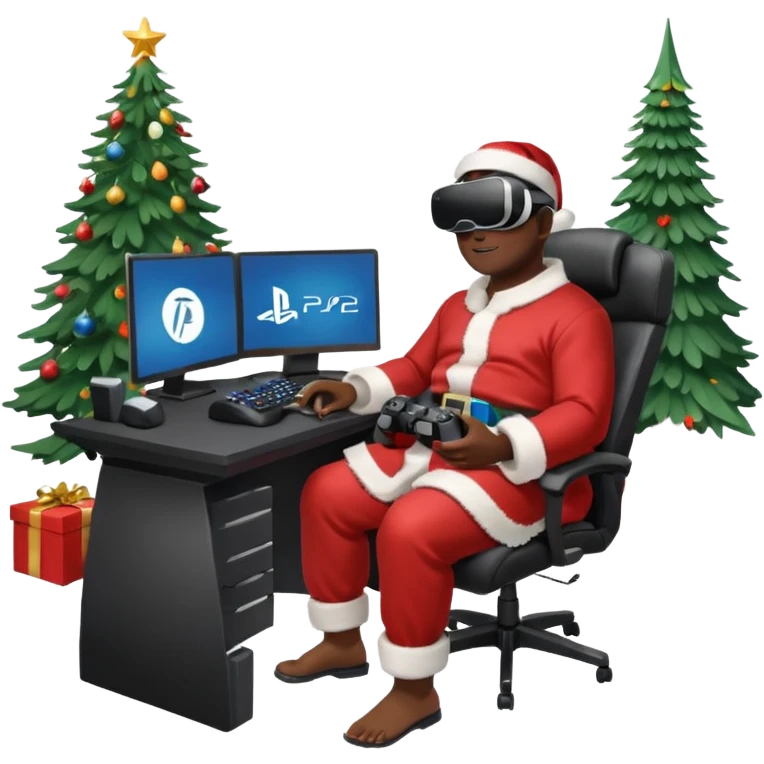 Informaticien homme noir full-body, week-end détente, assis à son bureau moderne avec ordinateur affichant du code. Il porte un casque VR et tient une manette PS 2025. À côté de lui, le Père Noël souriant, sapin illuminé et cadeaux autour. emoji