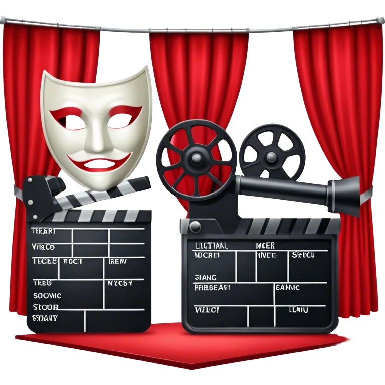 Icon for Acting in Theatre: a stage with curtains, a theater mask, a film camera, and a clapperboard. The design should represent theatrical performance and acting techniques. Transparent background. emoji