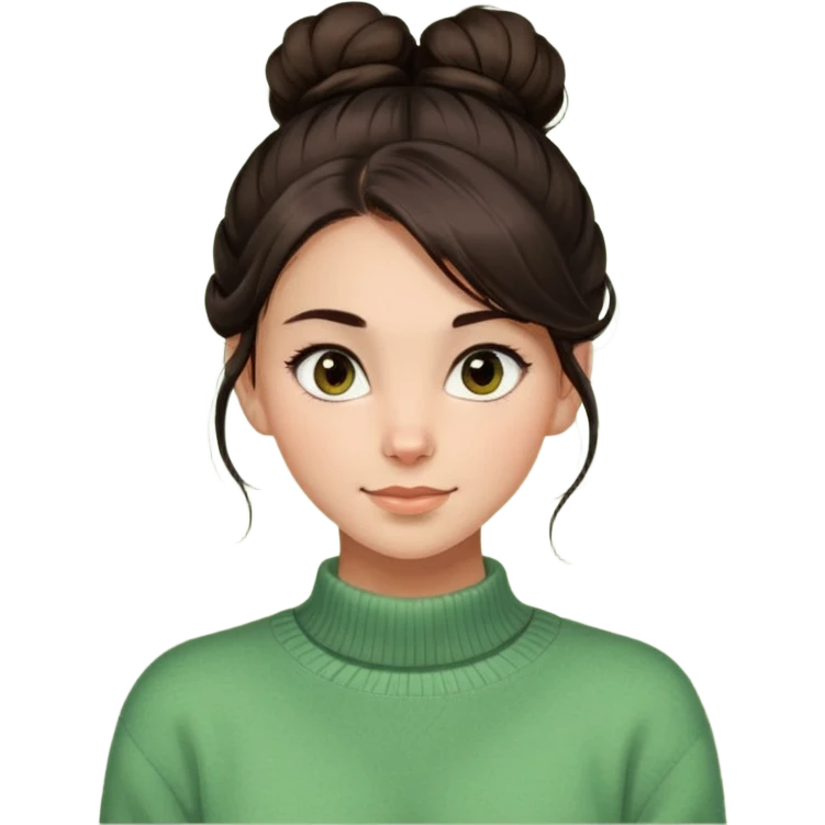 a girl with long dark brown hair with high disheveled bun in light green sweater, a slight smile, brown eyes emoji