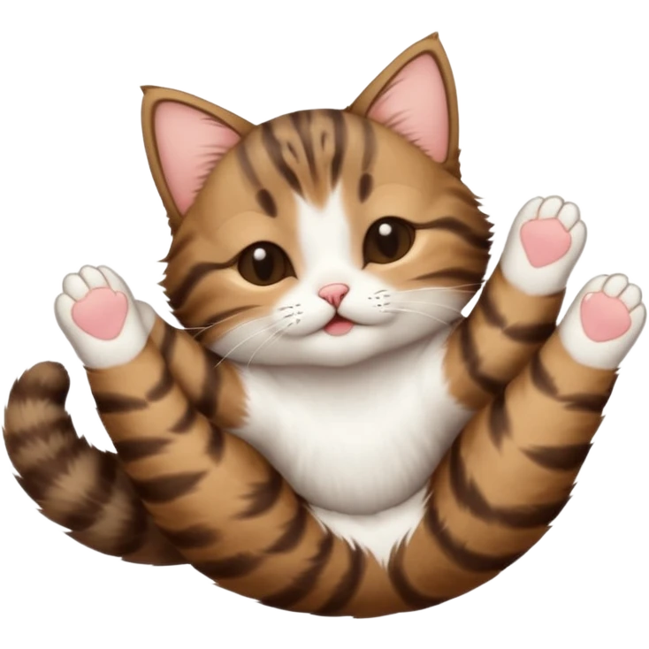 dark brown tabby and white small cat in funny positions upside down with eyes closed emoji