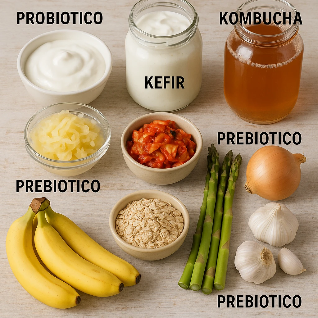 Add Italian labels directly on the image: "Probiotico" next to yogurt, kefir, sauerkraut, kimchi, kombucha; "Prebiotico" next to bananas, oats, asparagus, onion, garlic. Maintain a realistic and informative style in the edits. emoji