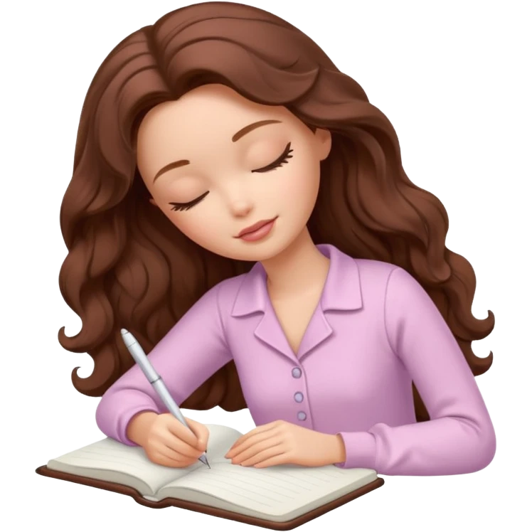 White Barbie girl dark Chestnut bob wavy hair sleeping with In pale creamy color clothes, he writes in a notebook emoji