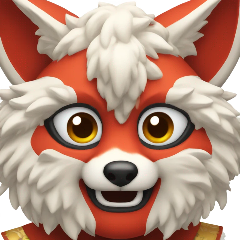 red kitsune mask, fluffy ears, shocked face emoji