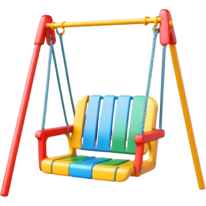a colorful plastic swing with a safety bar in front, hanging from two ropes, glossy surface and soft shadows emoji