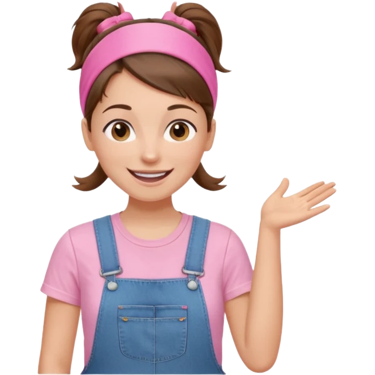 preschool teacher with brown hair pulled up in high ponytail and light pink thin width headband. Has a pink t-shirt with denim overalls. enthusiastic expression with big smile emoji