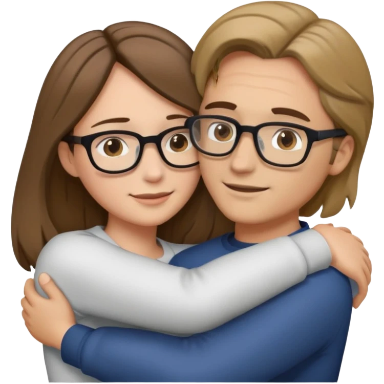 A woman with brown shoulder-length hair is hugging a man with dark blond hair and glasses emoji