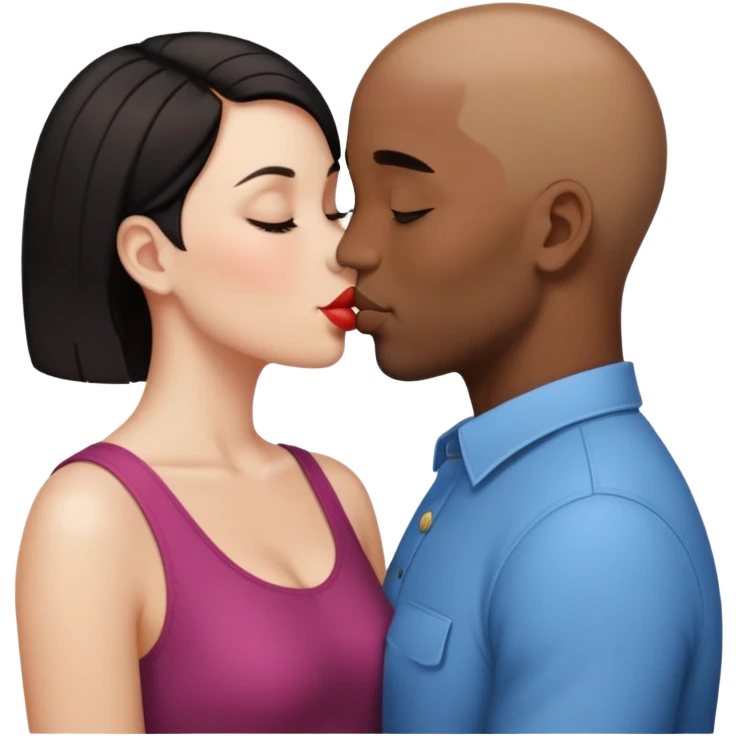 black bald man kissing white woman with short dark hair, emoji style emoji