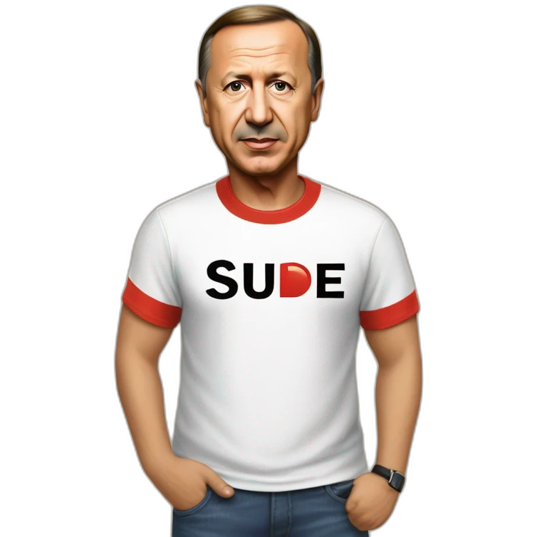 Recep Tayyip Erdoğan wears a T-shirt with the word Sude on it emoji