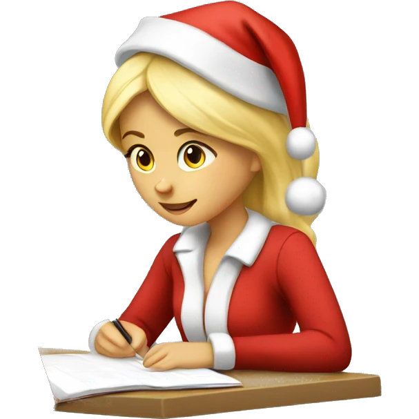 Blond girl wearing a Santa hat and doing homework emoji
