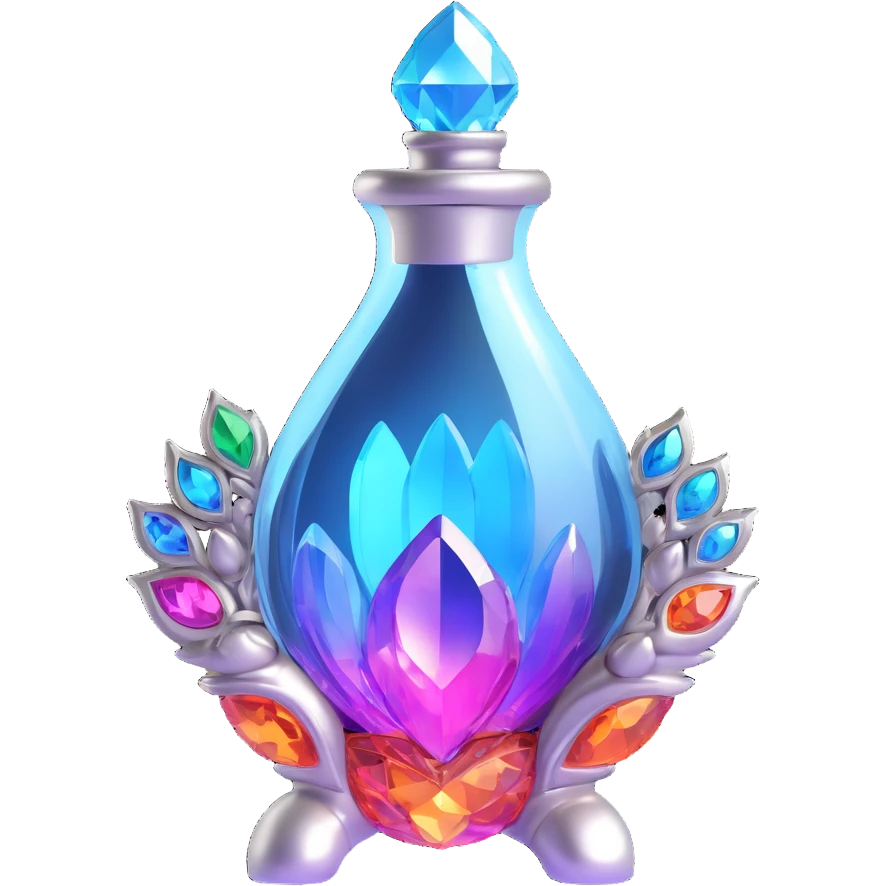 luxurious crystal elixir bottle in monster paw shape, vibrant color, ornate silver and iridescent details, magical glowing and sparkling effects, very small neck, seamless bottom, bottle clearly floating in air, no base or shadow, modern, collection style emoji