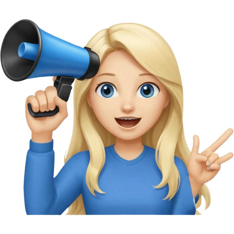  blue eyes blonde girl yelling into megaphone smiling long hair holding up finger emoji
