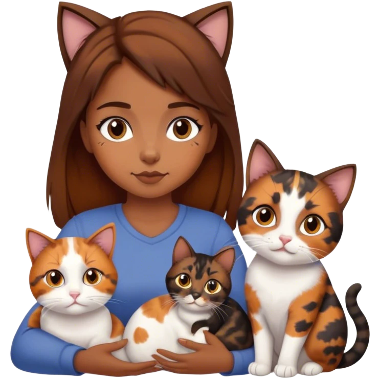 Girl brown hair with two cats one calico and one turtleshend, brown Colors and cute  emoji