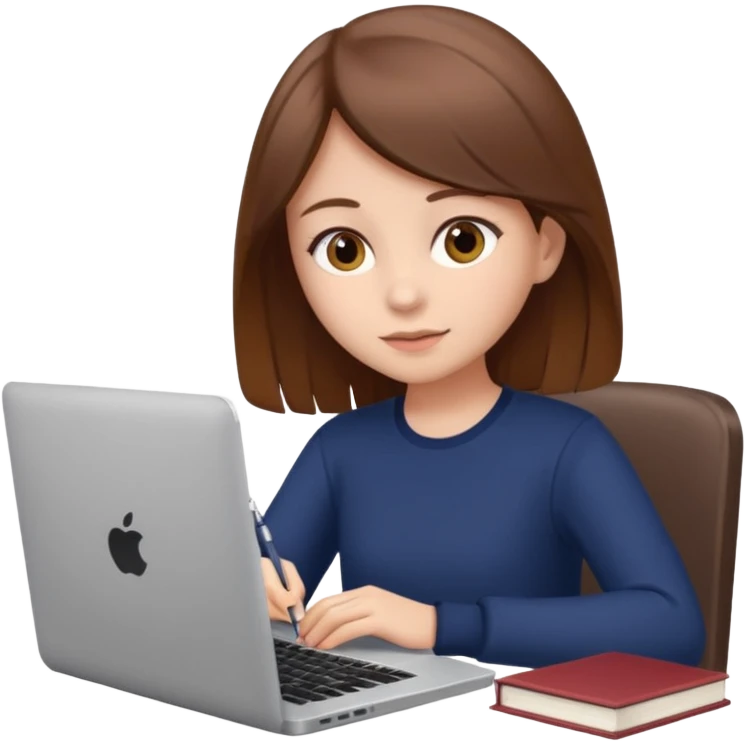 Девушка с коричневыми волосами изучает английский язык на ноутбуке emoji