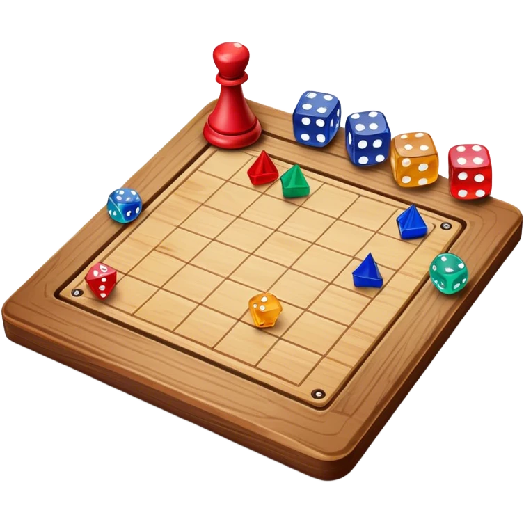 A photorealistic icon featuring a wooden board with a variety of game pieces, dice, a spinning top, and a set of colorful tokens. The design includes a rich, detailed texture of the board and game pieces, capturing the fun and strategy of different tabletop games. Transparent background. emoji