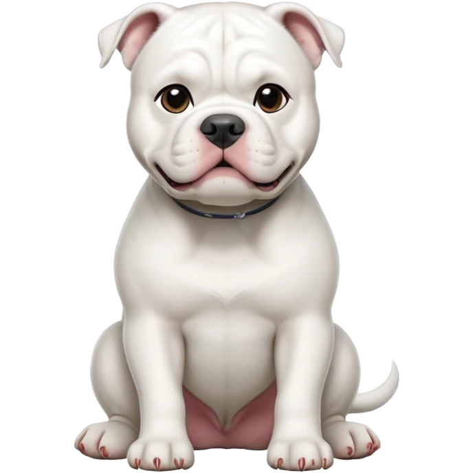 cinematic-[solid white american bulldog]-realistic-full-body-sitting-emoji,-tail-resting-loosely-beside-its-paws,-head-tilted-dramatically,-sleek-[solid white]-fur,-simplified-yet-realistic-focused-features,-highly-detailed,-glowing-with-an-almost-sarcastic-glow emoji