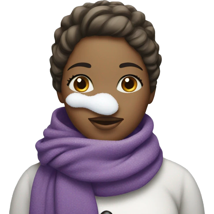 Snowman with girl features and lashes wearing purple scarf emoji