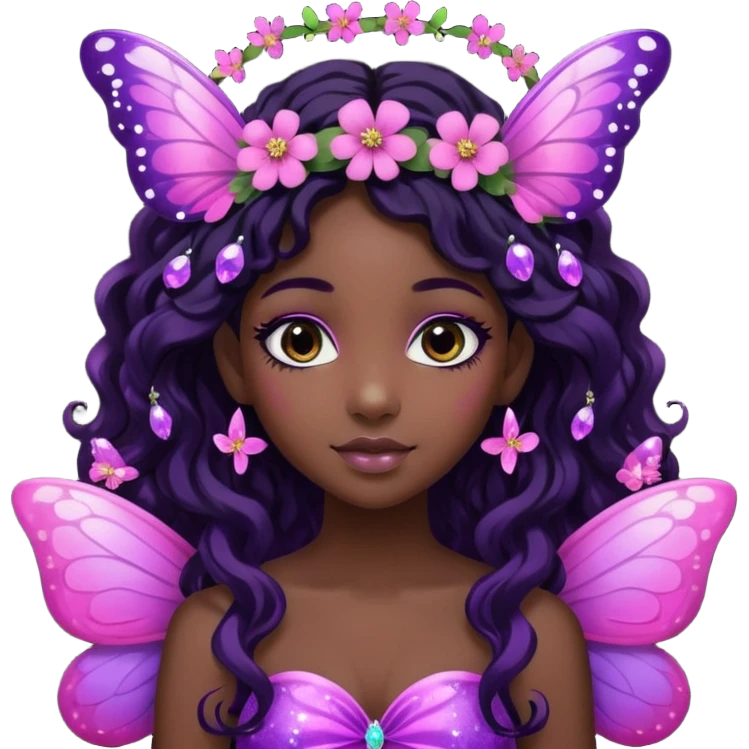 Black girl fairy with long wavy black hair, pink and purple red butterfly wings sparkly emoji