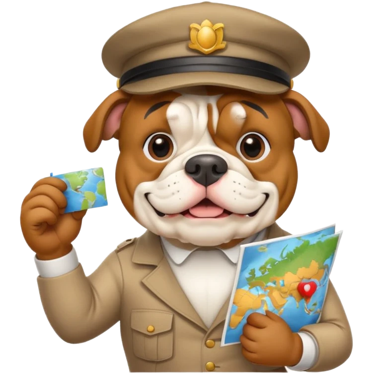 english bulldog as a cheerful tour guide, wearing a hat and holding a map emoji