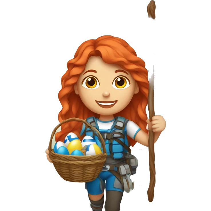 Female mountain climber red hair with Greek flag and holding Easter eggs basket emoji