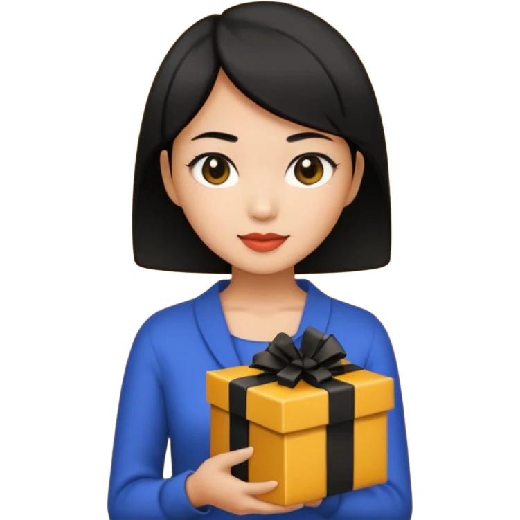 asian woman short hair tanned, holding with black present - emoji style emoji