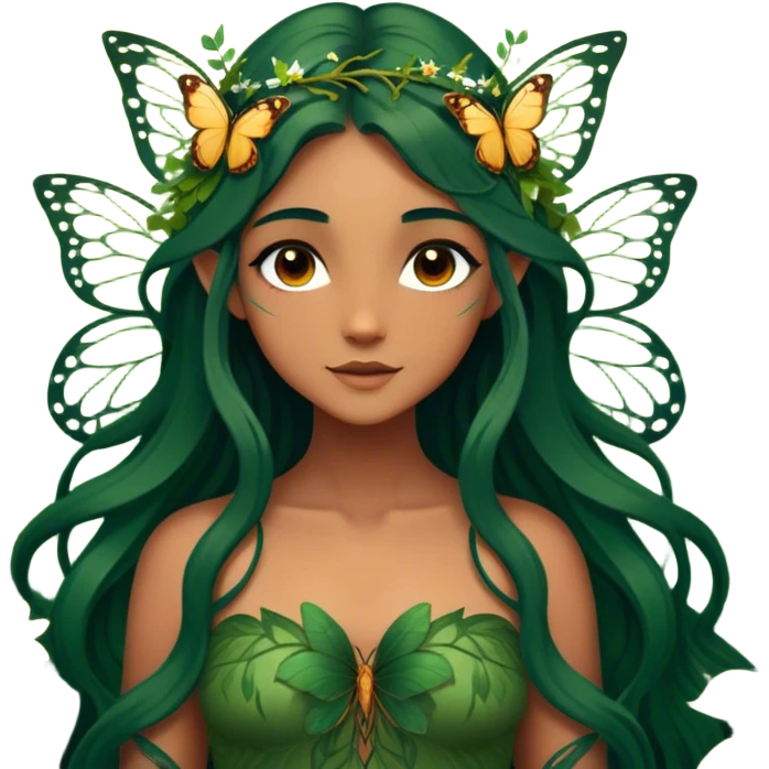 Cinematic Realistic Forest Fairy Portrait, depicted with lifelike, sun-kissed tanned skin that radiates an earthy glow, softly illuminated by natural, dappled light. Her long, flowing dark green hair is intricately detailed and interwoven with delicate vines and wildflowers, while her deep, soulful eyes mirror the wisdom of the forest. Dressed in an attire inspired by nature’s palette—with subtle botanical motifs—the portrait exudes a soft, enchanted glow that melds realism with woodland magic showing her large butterfly wings from her back. emoji